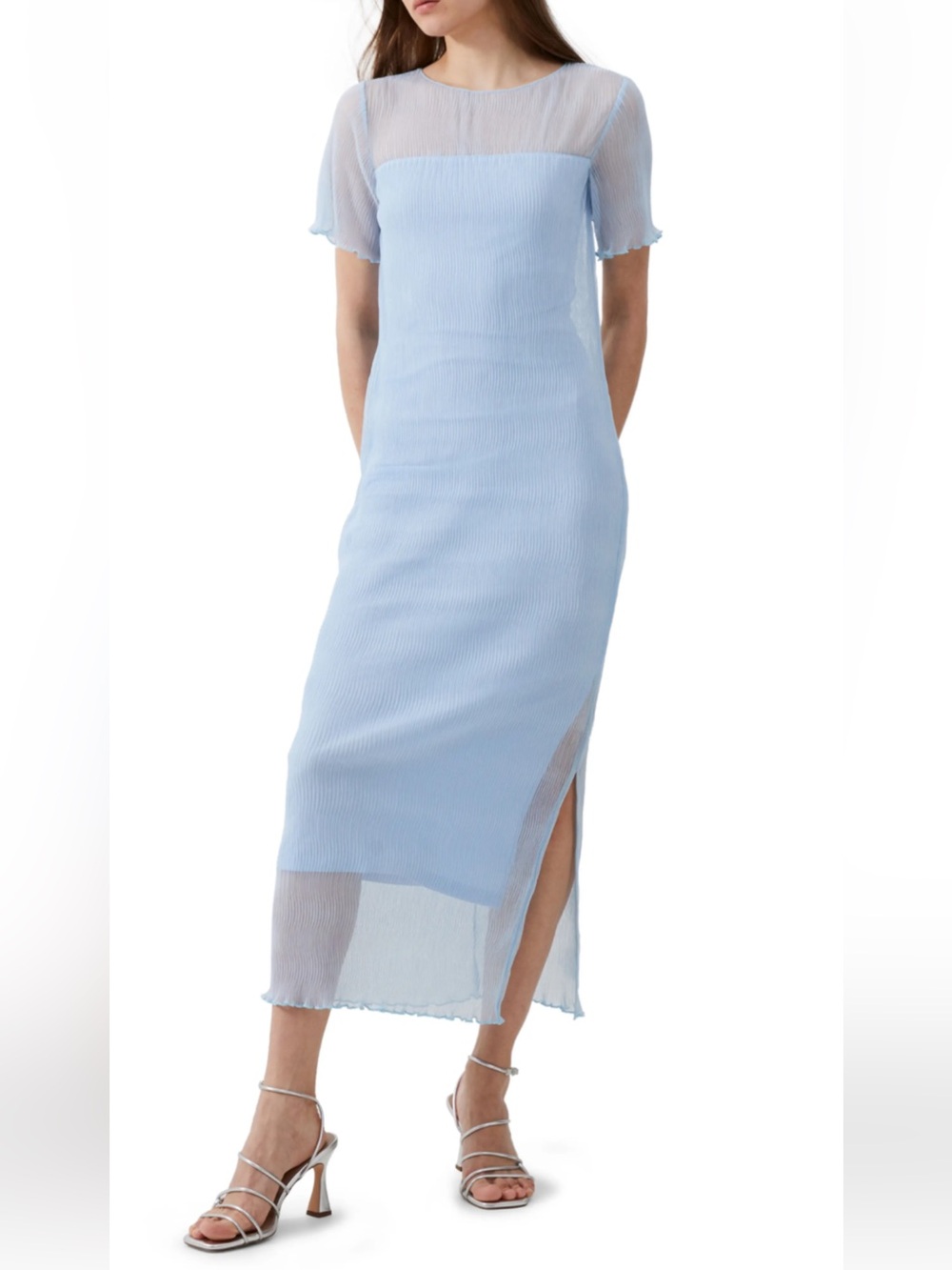 French Connection Pale Blue Sheer-Panel Maxi Skirt with Side Slit size M